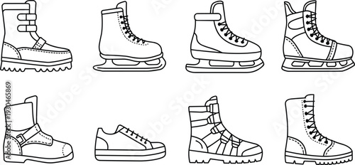 Winter Boots and Ice Skates Outline Set Featuring Hiking Casual Footwear and Sport Skating Shoes Vector Illustration Isolated on Gray Background