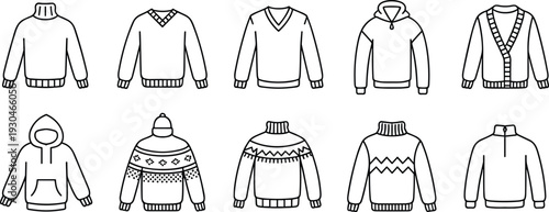 Winter Sweater and Hoodie Outline Set with Turtleneck Cardigan Pullover and Knitted Patterns Vector Illustration Collection Isolated on Gray Background