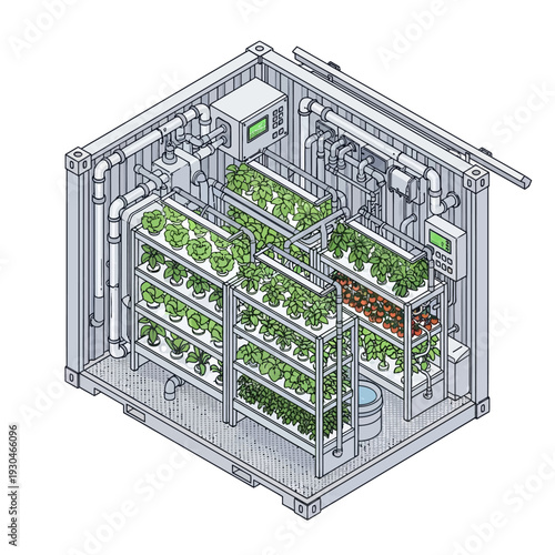 Isometric illustration of a vertical farm inside a shipping container.