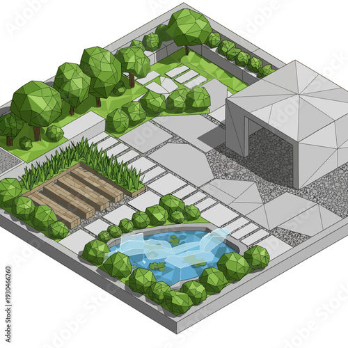 Isometric View of a Modern Garden Landscape Design with Pond and Trees.