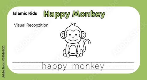 Happy Monkey Illustration for Kids Learning - Visual Recognition and Tracing Activity