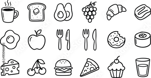 Food Icons doodle Vector Set for Breakfast and Lunch