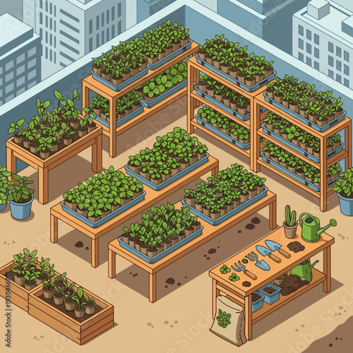 Rooftop urban garden with various plants and gardening tools.