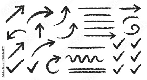 Hand-drawn doodle arrows, lines, and checkmarks collection in a grunge sketch style. A versatile graphic concept for highlighting, pointing, and marking digital content