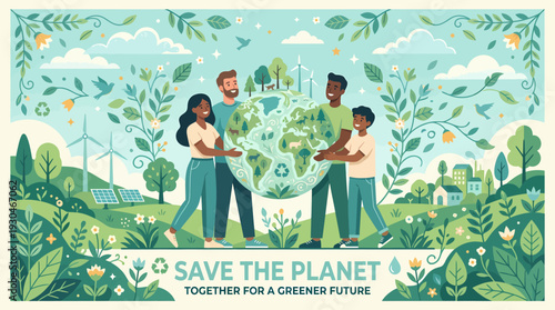Diverse Group Embracing Earth A Call for Unity in Saving Our Planet.