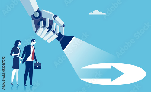 Artificial intelligence reveals direction. Business professionals looking at a beam of light revealing an arrow. Achieving goals supported by artificial intelligence. Vector.
