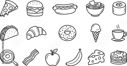 Food Doodles Set Vector Icons Line Art Collection and set