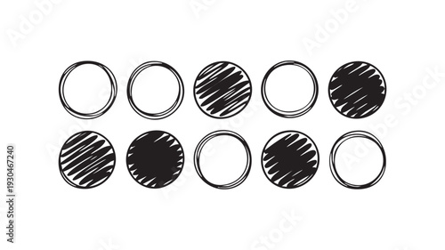 Simple black and white vector illustration of ten circles with varied shading and lines on clean white background for design use