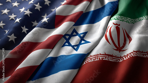 three flags waving together: usa israel iran flag