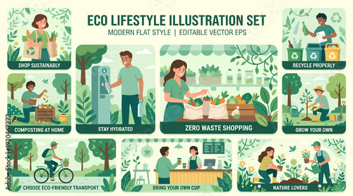 Eco Lifestyle Illustration Set Sustainable Living and Environmental Awareness.