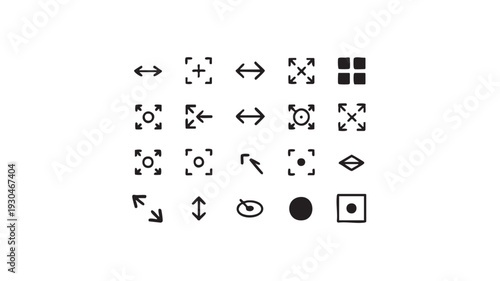 Collection of black vector icons on white background representing various design elements and tools for graphic design and editing purposes in a minimalist style.