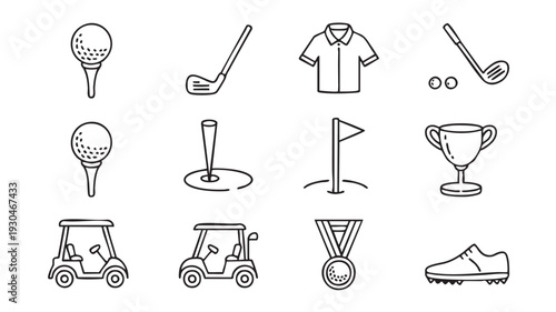 Set of twelve golf related vector icons including balls, clubs, clothing and accessories in a simple line art style on a white background