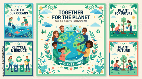 Environmental Awareness Posters Ocean Protection Recycling Planting for Future and Global Unity.