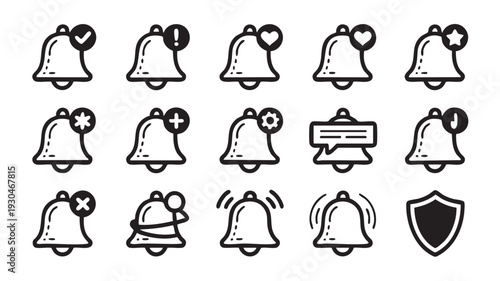 Collection of vector notification bell icons in various designs and styles for use in user interface and mobile app design projects