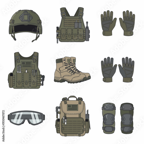 Illustration of tactical military gear and equipment set on white background from a front viewpoint