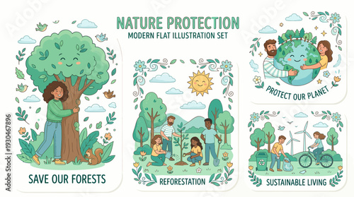 Nature Protection Modern Flat Illustration Set for Environmental Awareness.