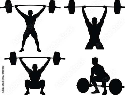 Weightlifting strength training silhouettes showing barbell squat deadlift overhead press fitness bodybuilding workout exercise vector