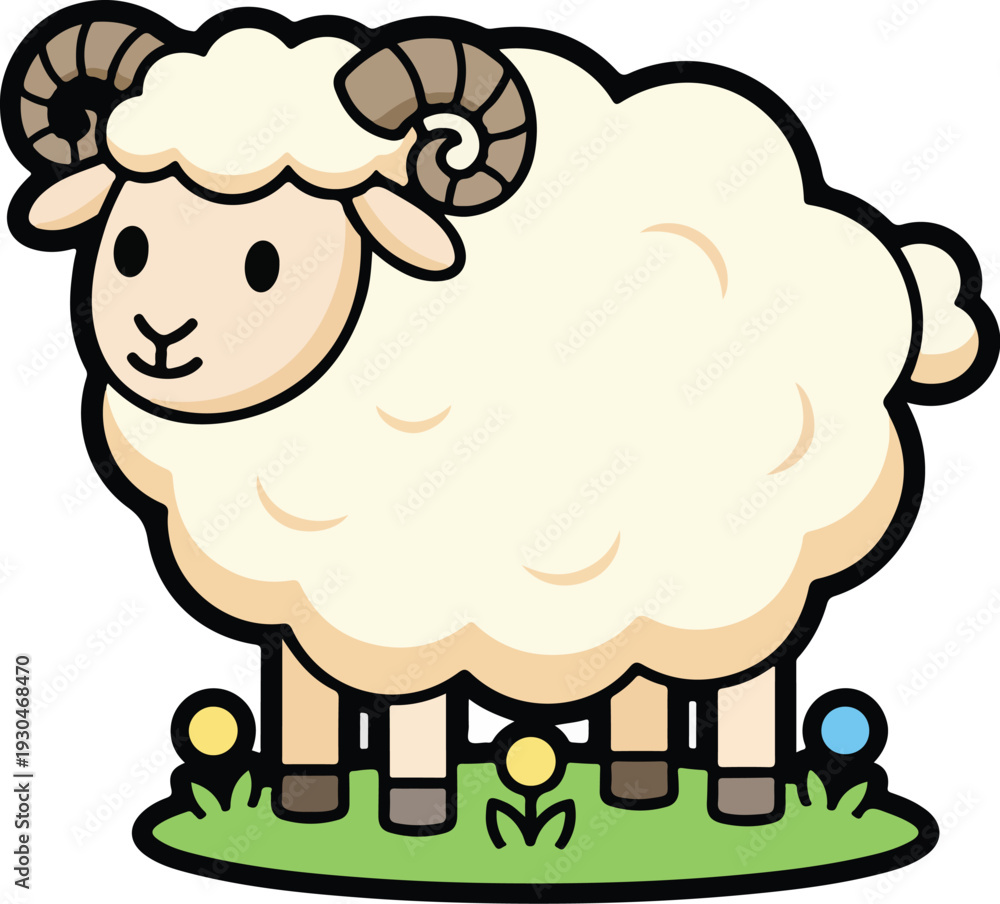 Obraz premium A cheerful cartoon sheep standing on a patch of green grass with flowers around it Vector, illustration