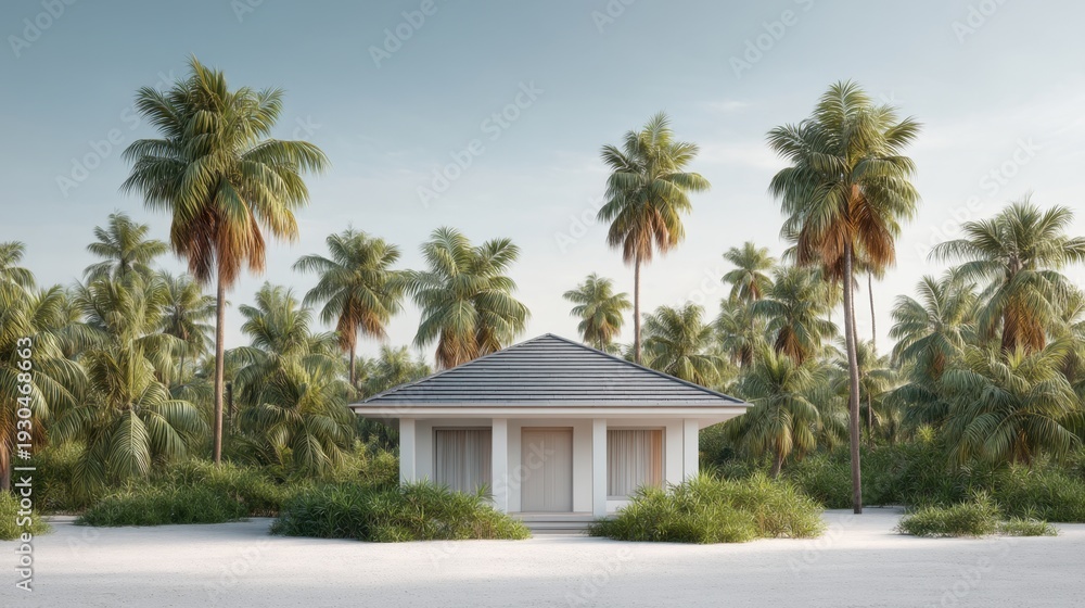 Fototapeta premium Tranquil Tropical Escape with Modern House Surrounded by Lush Green Palm Trees and Soft Sandy Pathway under a Clear Blue Sky