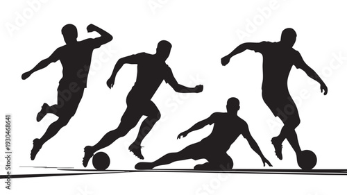 Silhouette illustration of four soccer players in action on a white background showing different soccer skills and movements
