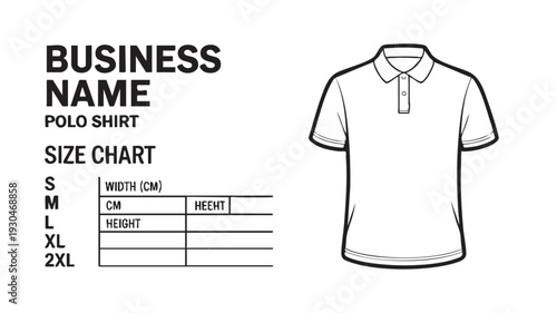 Essential vector graphic design template for creating a professional polo shirt size chart guide detailing width and height measurements for various clothing dimensions