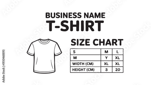 Minimalist black and white vector graphic illustration displaying a generic t-shirt outline next to a clothing size chart template for retail sales.