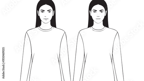 Vector illustration design featuring two identical female avatars wearing basic long sleeve crewneck shirts for fashion template creation or apparel mockups