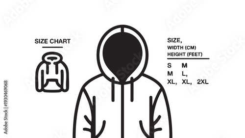 Simple black and white vector graphic illustration displaying a basic hooded sweatshirt size chart with associated garment measurements for consumer reference