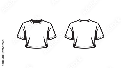 Vector graphic illustration set displaying front and back views of a basic short sleeve cropped t-shirt template design for apparel mockups