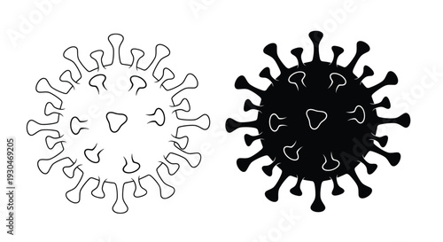 Two coronavirus depictions one light and one dark in outline silhouette
