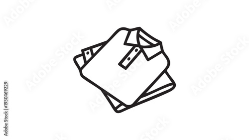 Simple black and white line art vector graphic illustration depicting a neatly folded stack of collared polo shirts ready for storage or retail display