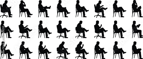 Collection of seated human silhouettes showing diverse chair postures, gestures, and body language for ergonomics, lifestyle, and design concepts