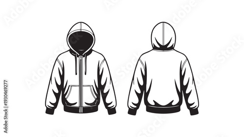 Black and white vector illustration design showcasing front and back views of a hooded zip-up sweatshirt with pouch pockets and ribbed cuffs