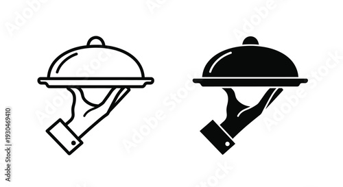 Two illustrations of a hand holding a covered dish silhouette