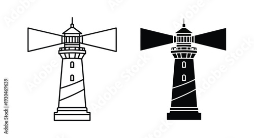 Two lighthouse depictions one outlined and one dark a striking silhouette