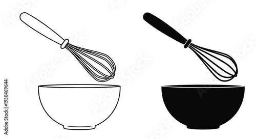Kitchen utensils including a bowl and whisk black and white silhouette