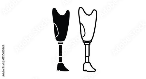 Two prosthetic legs displayed in a stark minimalist silhouette