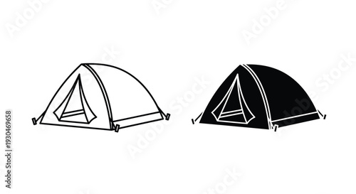 Two camping tents in contrasting designs a black outline silhouette