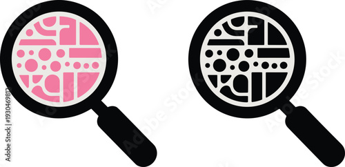 Magnifying glass vector illustration with abstract geometric shapes microscopic cells science observation research analysis design healthcare investigation concept
