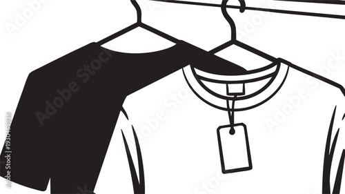 Simple black and white vector graphic illustration depicting two t shirts hanging on clothes hangers ready for retail sale or storage