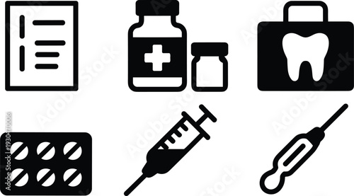 Medical healthcare icons including prescription sheet, medicine bottles, dental kit, blister pills, syringe, and thermometer vector illustration for diagnostics.
