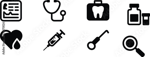 Medical healthcare icons set with stethoscope, syringe, heart, dental tools, patient record, medicine bottles, diagnosis, hospital, and wellness concept