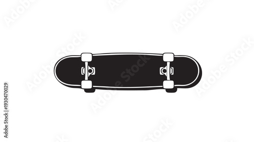 Black and white vector illustration of a skateboard with trucks and wheels featured on a clean white background