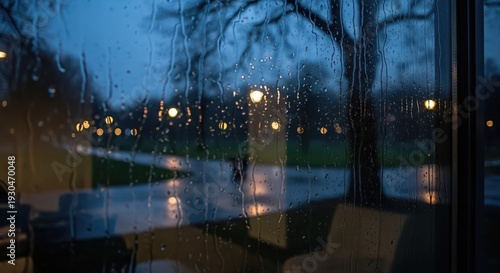 View of city park through rain-soaked window in twilight