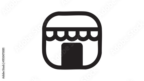 Simple black and white vector graphic illustration of a storefront with a classic awning design element