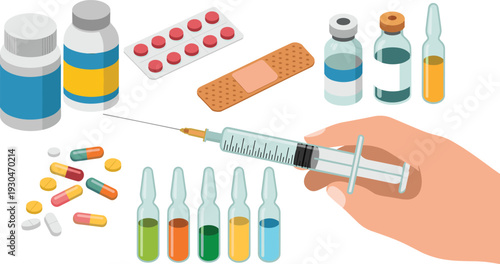 Medical supplies illustration with pills, capsules, syringes, ampoules, vials, bandage, bottles, healthcare treatment tools for pharmaceutical concept