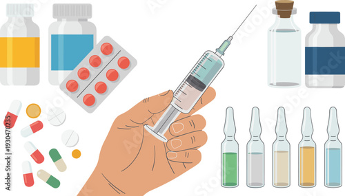 Medical supplies vector illustration with pill bottles blister pack syringe vials ampoules capsules healthcare pharmacy treatment design for hospitals