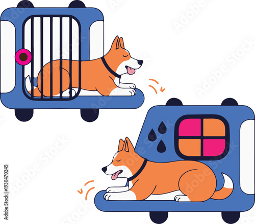 Cute Dog Travelling in Pet Carrier and Sleeping at Home Vector Illustration Set
