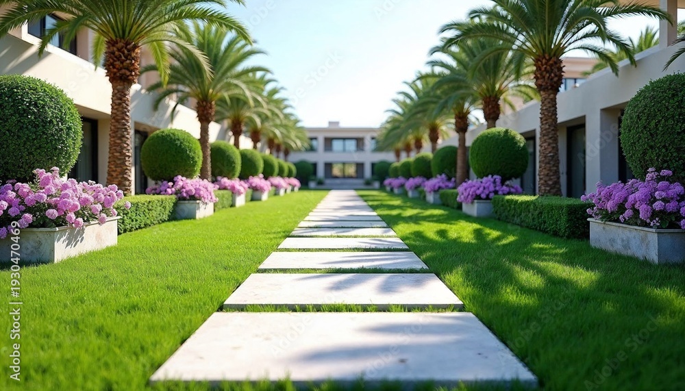 Obraz premium Stepping stone pathway leads to a luxury villa with manicured garden and palm trees. Modern landscape architecture for outdoor living.