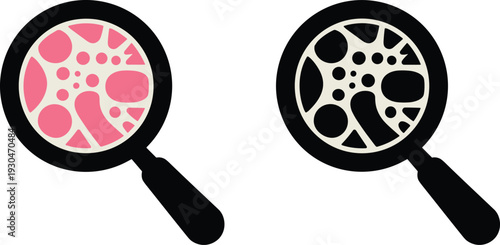 Microscopic magnifying glass vector illustration comparing pink and black cellular structures for science, biology, medical research, and laboratory analysis